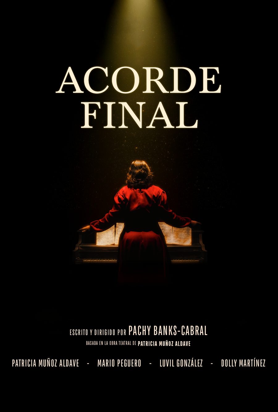 Acorde Final poster: a woman in red seated at a piano beneath a single beam of light